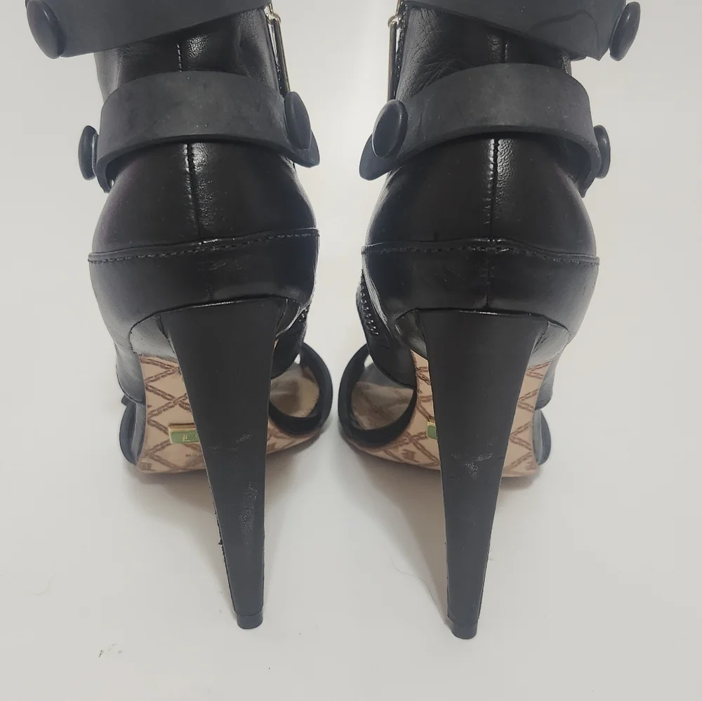 L.A.M.B. Rasta Black Leather Open-Toe Ankle Cuff Stiletto Heels